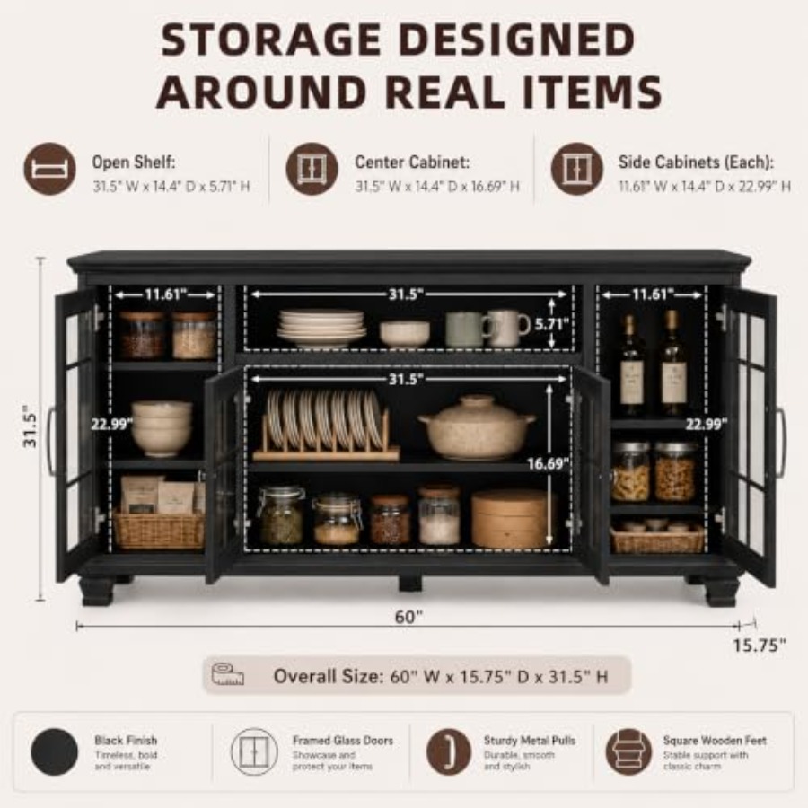 60-Inch Sideboard Buffet with  - Glass Door Hinge ulasan dan harga
